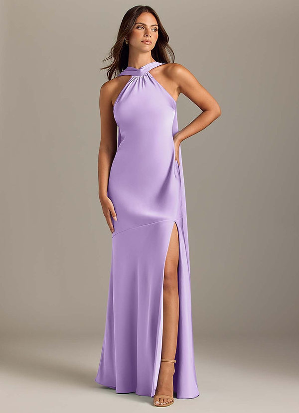 Azazie Kinsley Bridesmaid Dresses Lilac Mermaid Side Slit Stretch Satin Dress image1