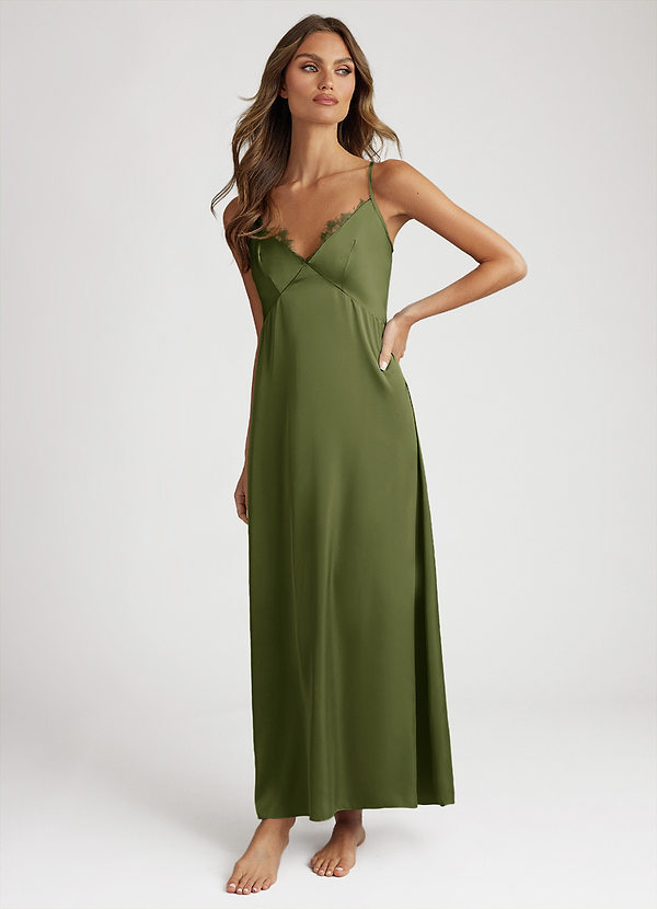 front Olivgrün Satin and Lace Midi Slip Dress