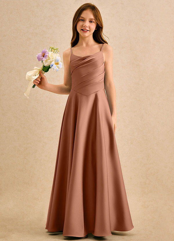 Azazie Coconut Girls Formal Flower Girl Dresses Bronzer A-Line Pleated Stretch Satin Dress image1