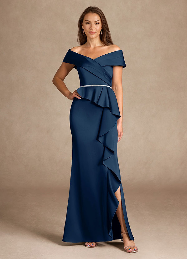 Azazie Dareia Vestidos de Madre de la Novia Vestido de Azul Marino Oscuro de Satén Elástico de Sirena con Vestidos sin tirantes image1