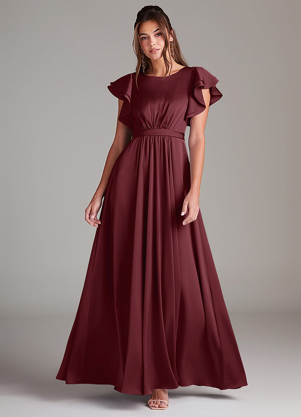 Azazie Daphne Modest Bridesmaid Dresses A-Line Ruched Stretch Satin Floor-Length Dress image1