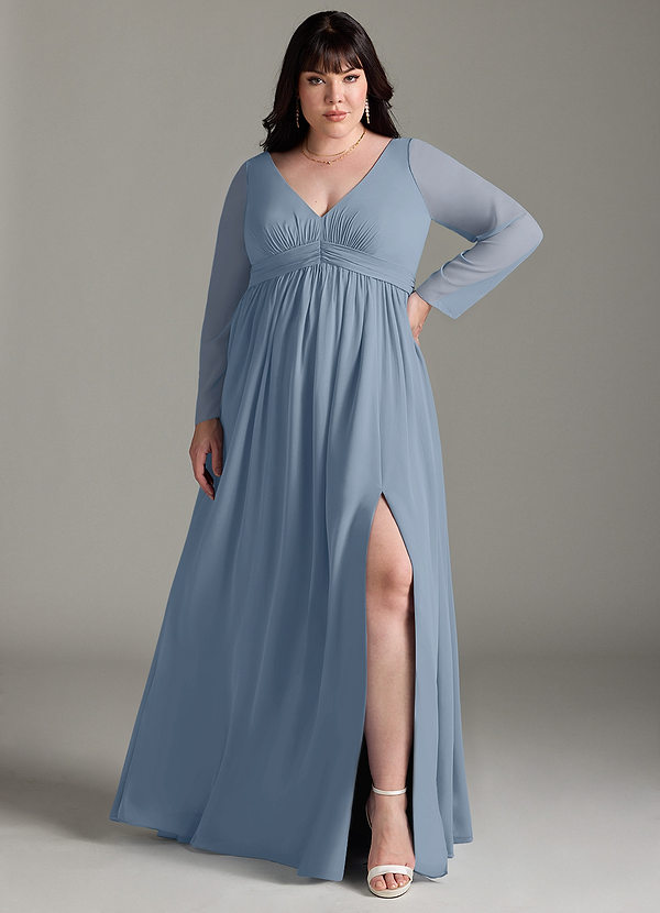 Azazie Teton Maternity Bridesmaid Dresses A-Line Long Sleeve Chiffon Floor-Length Dress image1