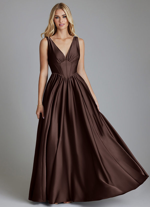 Azazie Delmie Suknie dla druhen Linia A Gorset Satyna elastyczna Do ziemi Sukienka image1