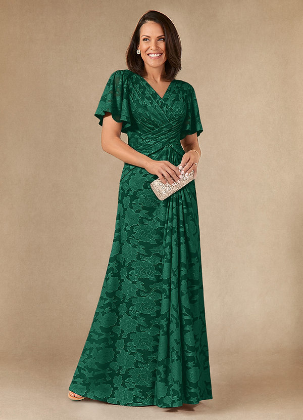 Azazie Emmeline Mother of the Brides Dresses Emerald A-Line Pleated Floral Burnout Dress image1