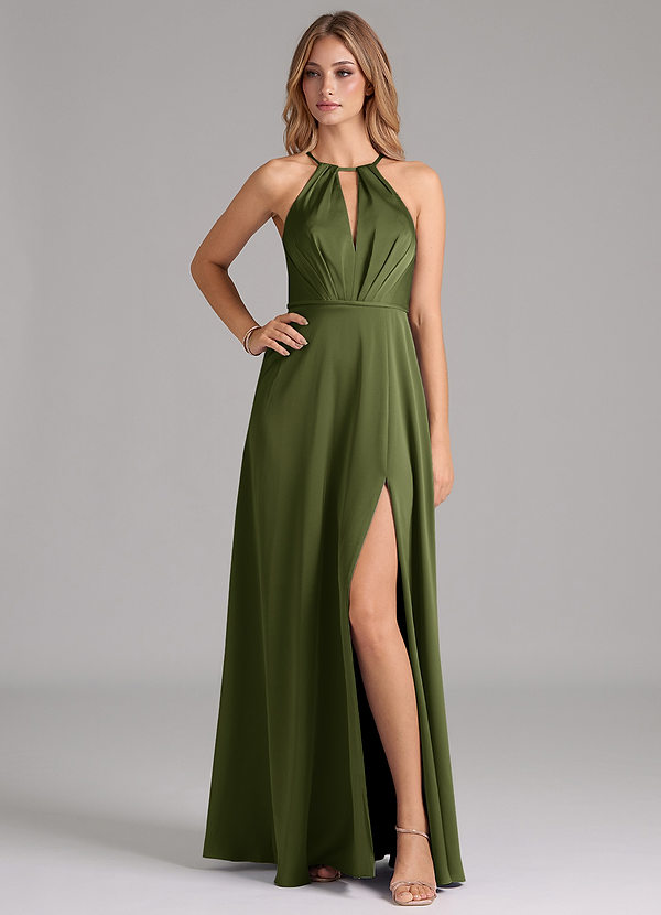 Azazie Evalleen Bridesmaid Dresses Olive A-Line Pleated Stretch Satin Dress image1