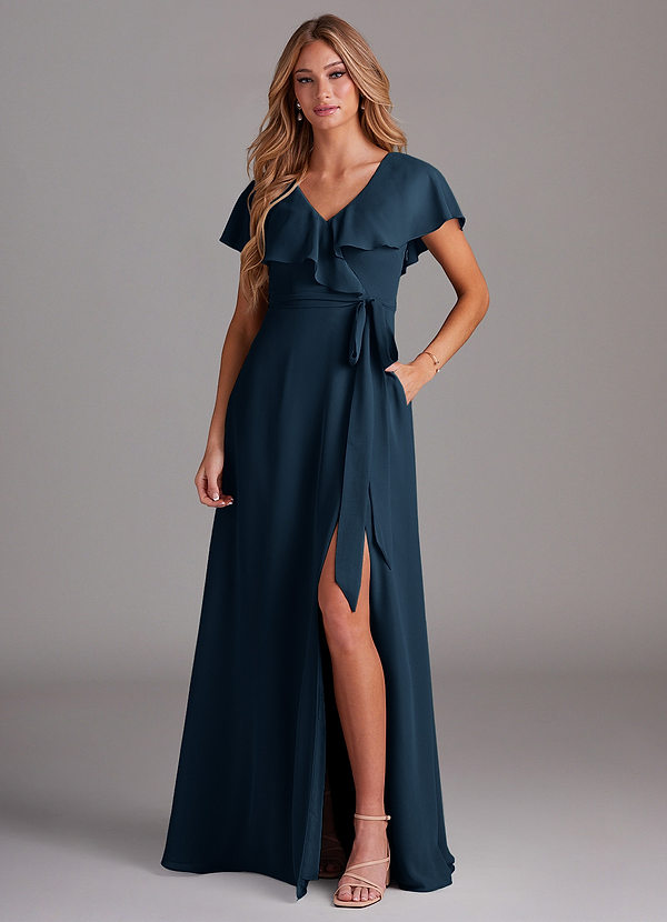 Azazie Lainey Bridesmaid Dresses Dark Navy A-Line with Pockets Chiffon Dress image1