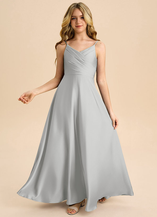 Azazie Bug Junior Jurk van Stretch Satijn met A-Lijn Geplooid Zilver image1