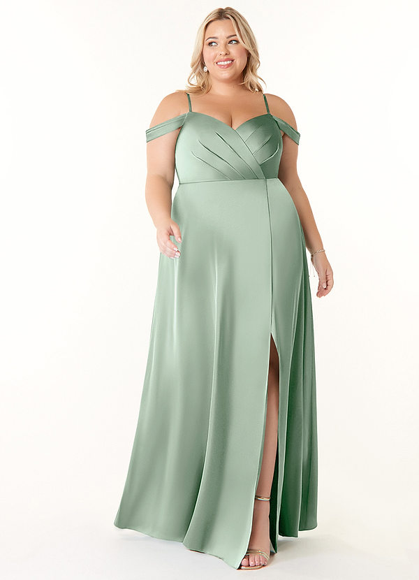Azazie Ocean Bridesmaid Dresses Agave A-Line V-Neck Pleated Stretch Satin Dress image1