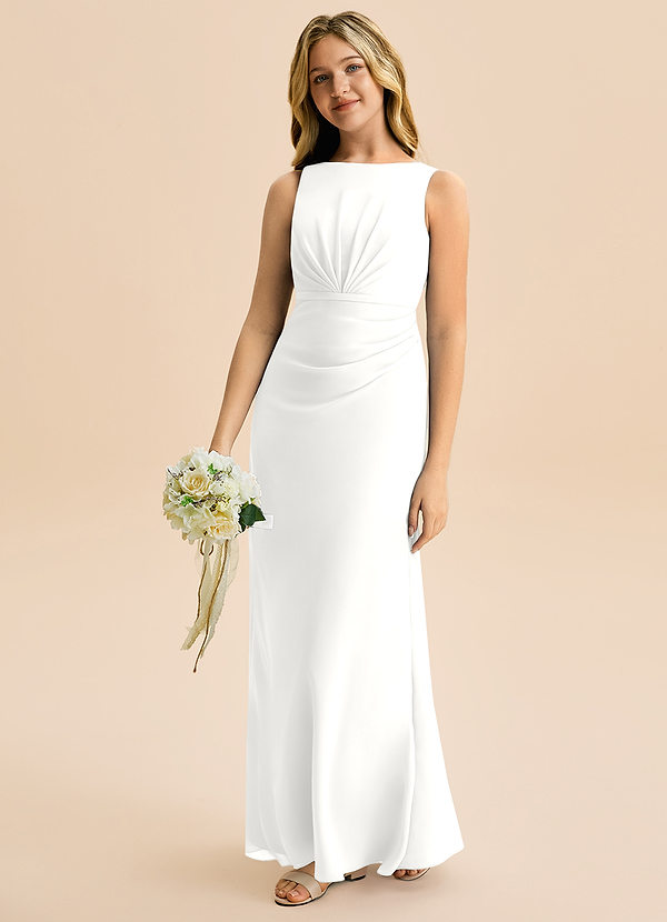 Azazie Floris Junior A라인 주름진 쉬폰 플로어 길이 주니어 신부 들러리 드레스 image1