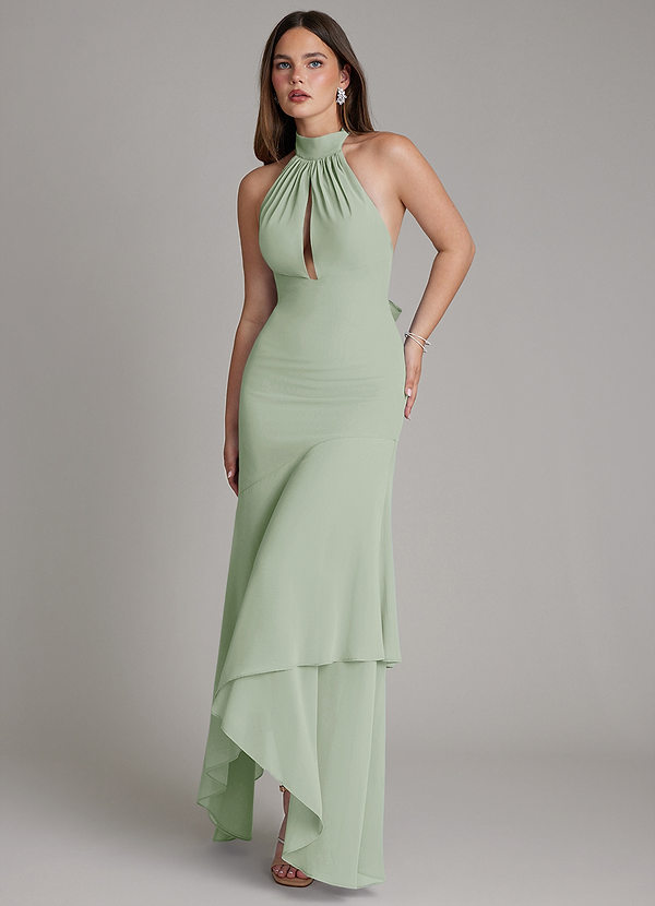 Azazie Magda Robes Demoiselle d'honneur Robe Sirène en Mousseline de soie Col Haut Vert Sauge image1