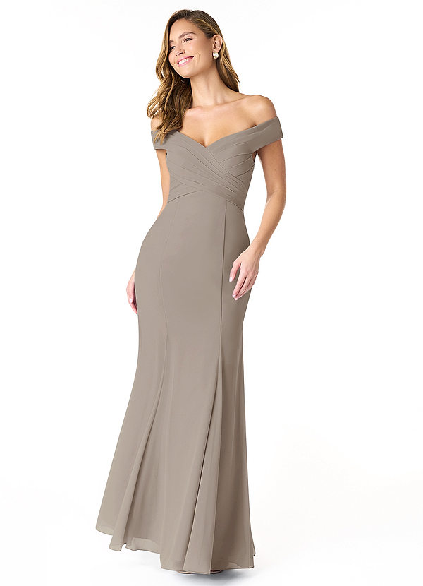 Azazie Lecia Bridesmaid Dresses Taupe Empire Off-The-Shoulder Pleated Chiffon Convertible Dress image1