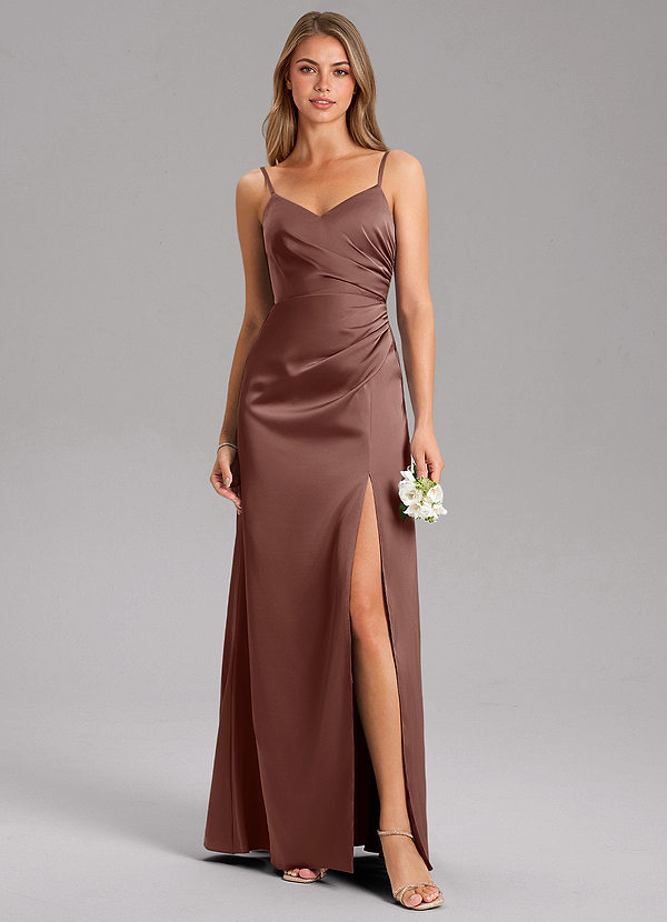 Azazie Azuree Bridesmaid Dresses Espresso A-Line Pleated Stretch Satin Dress image1