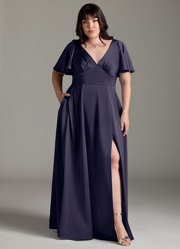 Azazie Kimber Bridesmaid Dresses Stormy A-Line Ruched Stretch Satin Dress image1