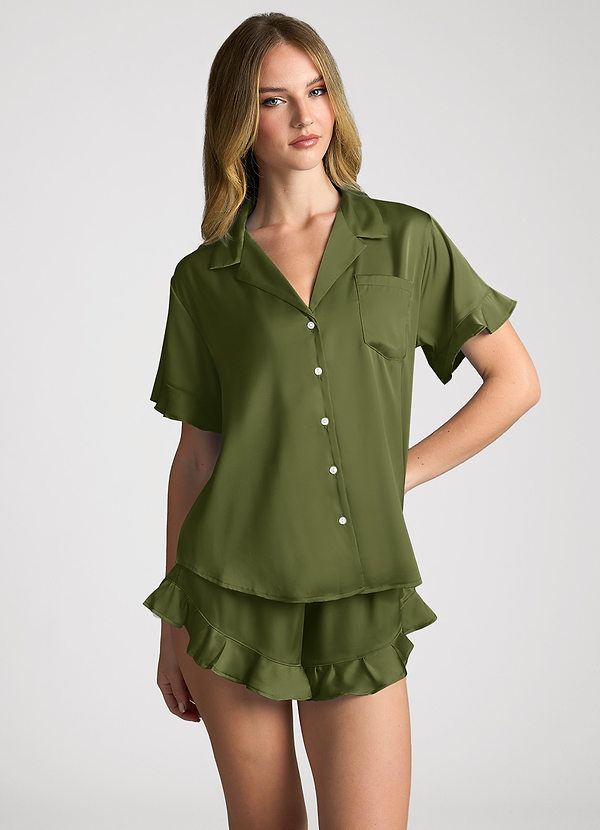 front Olive Matching Color Ruffled Short Sleeve Pajama Set