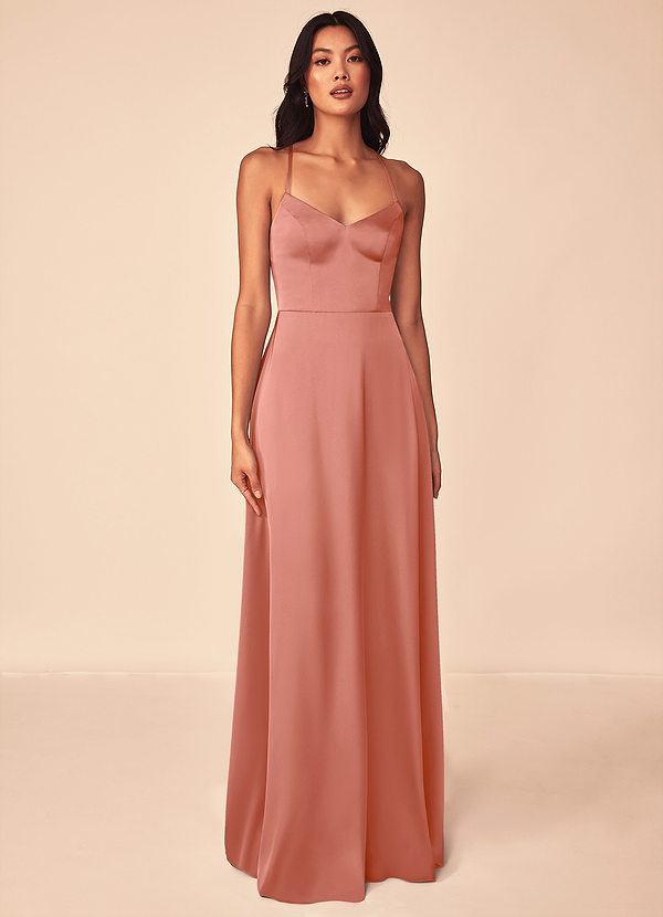 Azazie Mei Bridesmaid Dresses Salmon Pink A-Line V-Neck Stretch Satin Dress image1