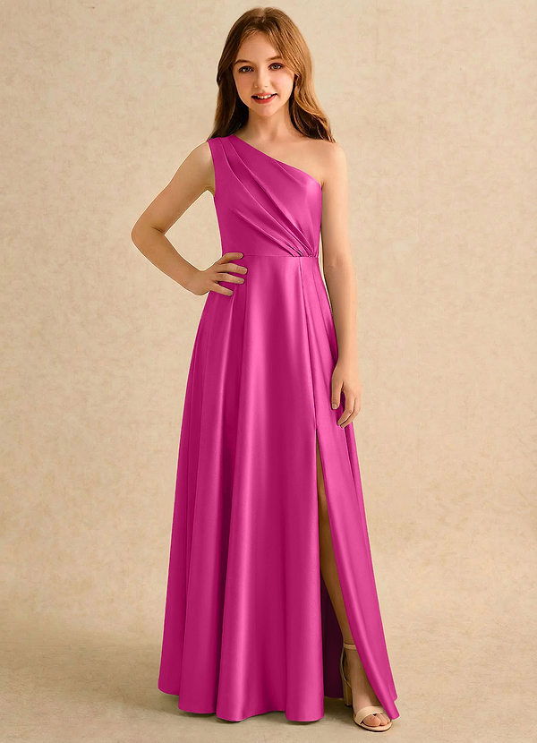 Azazie Puddles Girls Formal Flower Girl Dresses Fuchsia A-Line One Shoulder Stretch Satin Dress image1