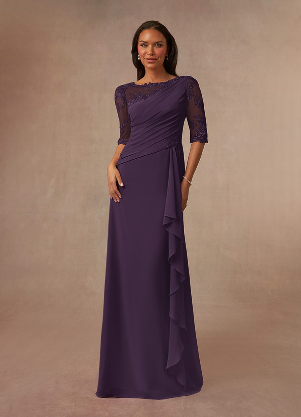 Azazie Dionysus Vestidos de Madre de la Novia Vestido de Ciruela de Gasa de Corte en A con Encaje cuello barco image1