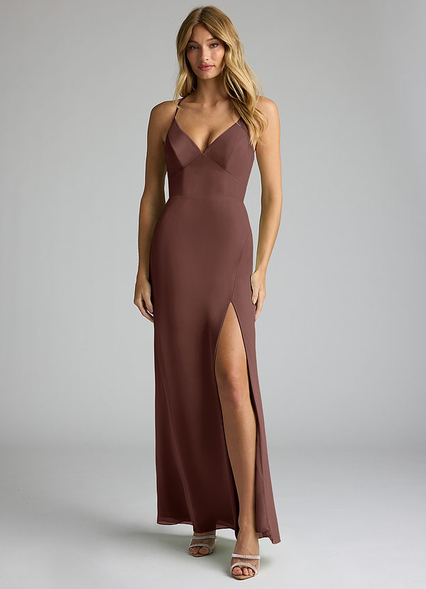 Azazie Becca Brautjungfernkleider Etui V-Hals Chiffon Kleid Espresso image1