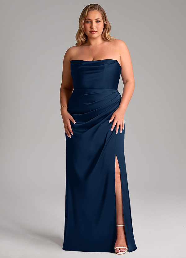 Azazie Leonis Vestidos Dama de Honor Vestido de Azul Marino Oscuro de Satén Elástico de Corte Sirena Convertible con Plisado image1