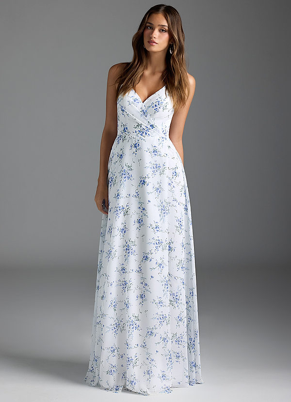 Azazie Davis Bridesmaid Dresses Blue Cottage Floral A-Line V-Neck Chiffon Dress image1