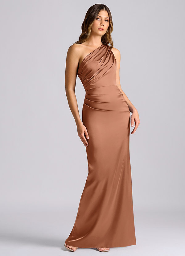 Azazie Akilah Brudtärneklänningar Klä av Sjöjungfru i Stretch Satin Ena axeln Bronzer image1