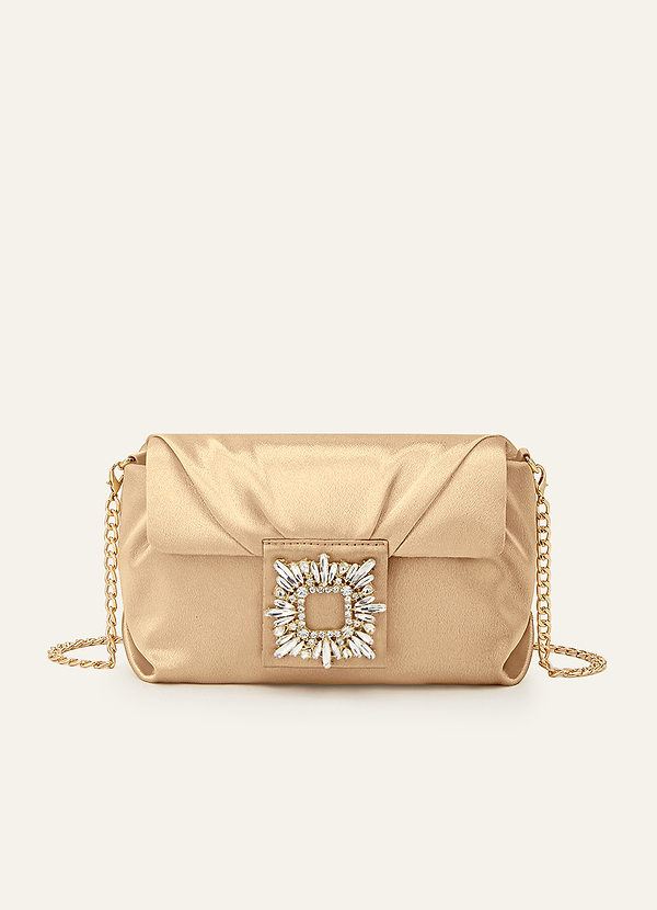 front Bolso de mano de satén elástico a juego con hebilla cuadrada de pedrería.