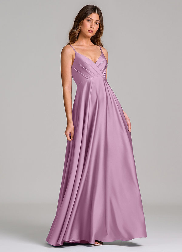 Azazie Amani Bridesmaid Dresses Wisteria A-Line Pleated Stretch Satin Dress image1