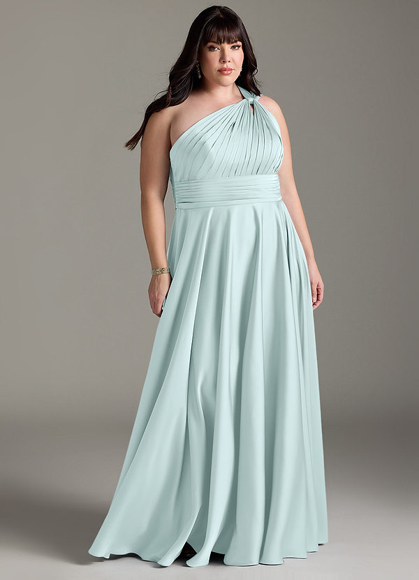 Azazie Charlize Bridesmaid Dresses Sea Glass A-Line One Shoulder Stretch Satin Dress image1