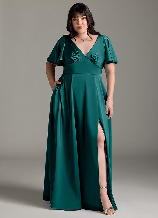 Azazie Kimber Bridesmaid Dresses Peacock A-Line Ruched Stretch Satin Dress image1