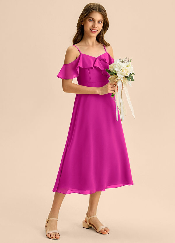 Azazie Kamilla Junior Jurk van Chiffon met A-Lijn Off the Shoulder Fuchsia image1