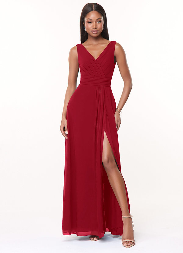 Azazie Karina Bridesmaid Dresses Scarlet A-Line Pleated Chiffon Dress image1