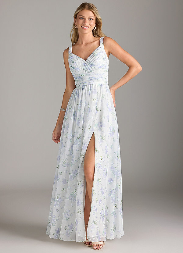 Azazie Chanel Bridesmaid Dresses Blue Vintage Floral A-Line Pleated Chiffon Dress image1