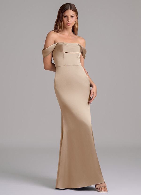 Azazie Miley 신부 들러리 드레스 인어 오프 더 숄더 스트레치 새틴 바닥 길이 드레스 image1