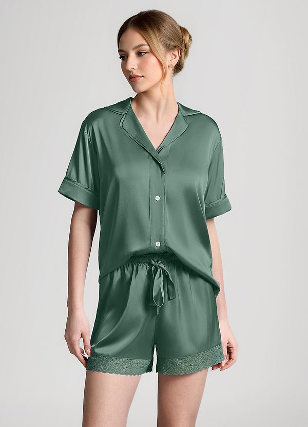 front Eukalyptus Pyjama-Set mit kurzen Ärmeln und Satin-Spitzenbesatz