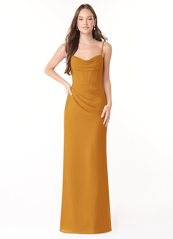 Azazie Mai Bridesmaid Dresses Butterscotch Sheath Pleated Chiffon Dress image1