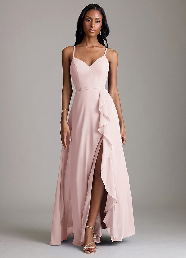 Azazie Naeem Bridesmaid Dresses Blushing Pink A-Line V-Neck Ruffle Chiffon Dress image1