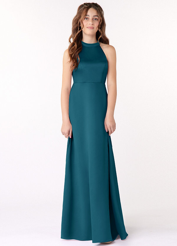 Azazie Laurel Junior Ink Blue A-Line Stretch Satin Dress image1