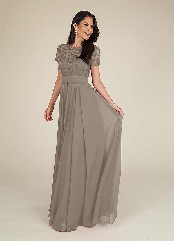 Azazie Annette Vestidos de Madre de la Novia Vestido de Gris Pardo de Gasa de Corte en A con Encaje image1
