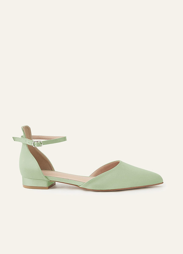 front Matching Color Matte Satin Pointed Toe Ankle Strap Block Flat Pumps