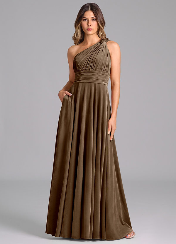 Azazie Charlize Vestidos Dama de Honor Vestido de Caoba de terciopelo de Corte en A con Hombro unilateral image1