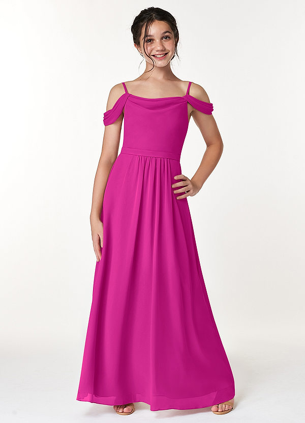 Azazie Alivia Junior Fuchsia A-Line Off the Shoulder Chiffon Dress image1