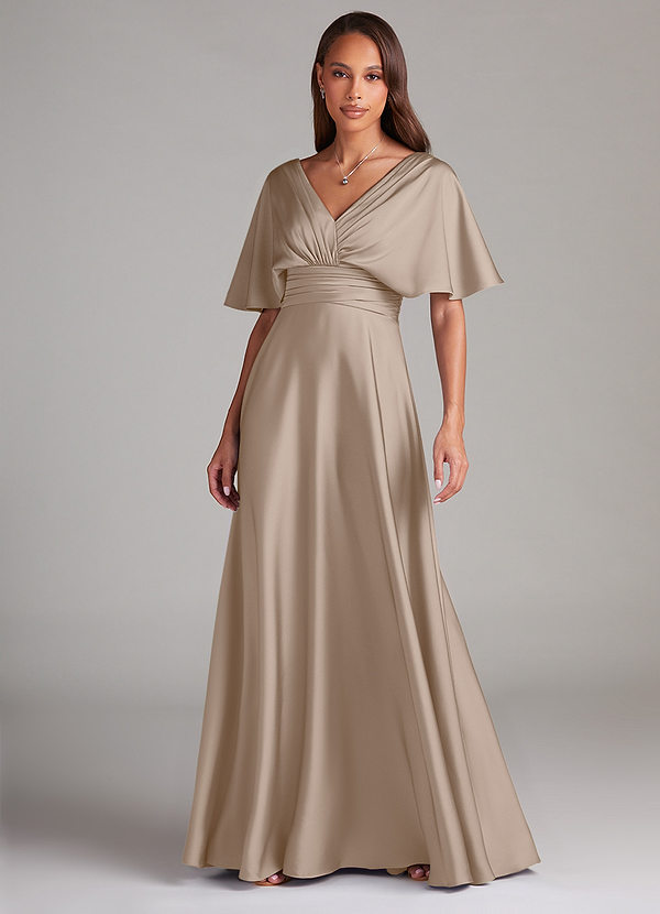 Azazie Pamela Robes de demoiselle d'honneur Robe Trapèze en Satin extensible Plissé Taupe image1