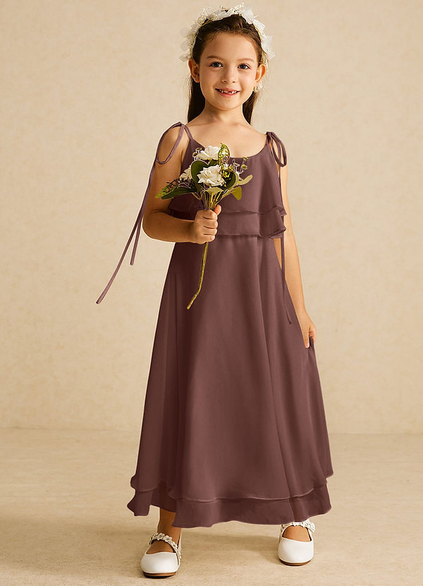 Azazie Temi Flower Girl Dresses Espresso A-Line Spaghetti Strap Chiffon Dress image1