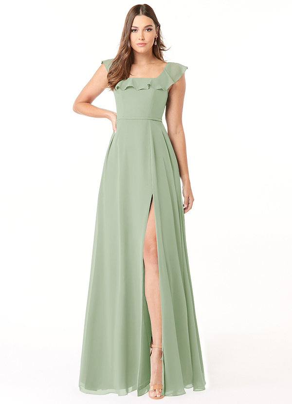 Azazie Jinny Bridesmaid Dresses Dusty Sage A-Line Square Neckline Ruched Chiffon Dress image1
