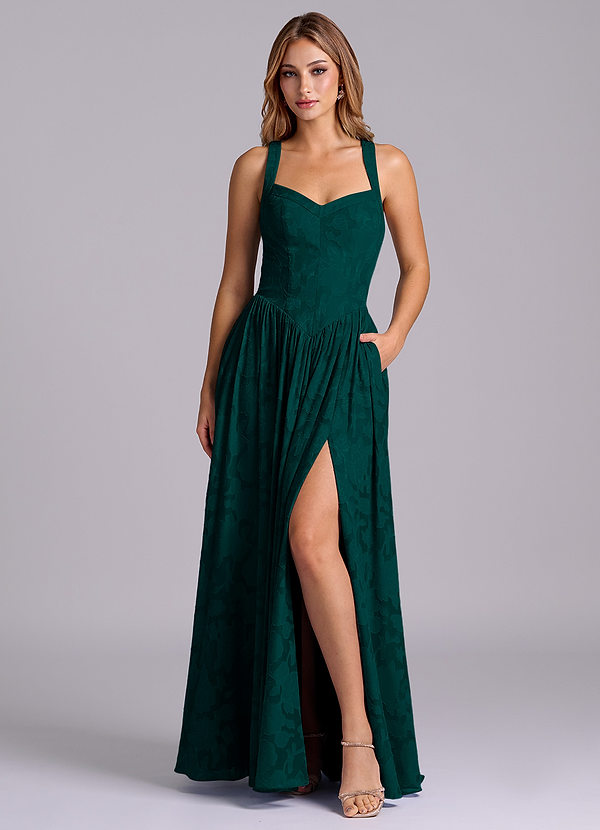 Azazie Francis Bridesmaid Dresses Pine A-Line Corset Floral Burnout Dress image1