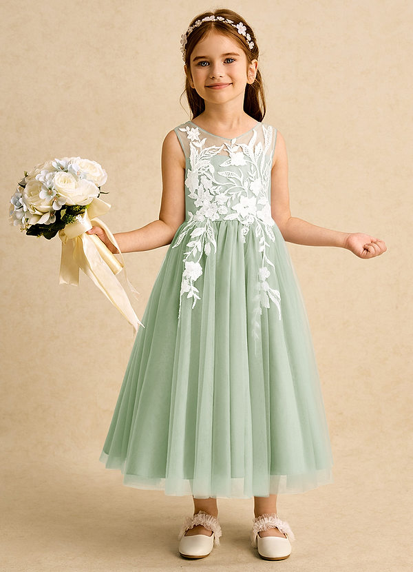 Azazie Sundae Blumenkinder Kleider Ballkleid Spitze Kleid Staubiger Salbeigrün image1