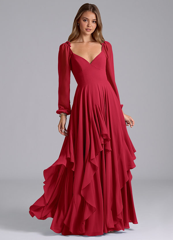 Azazie Karan Brautjungfernkleider A-Linie Langarm Chiffon Kleid Scharlachrot image1