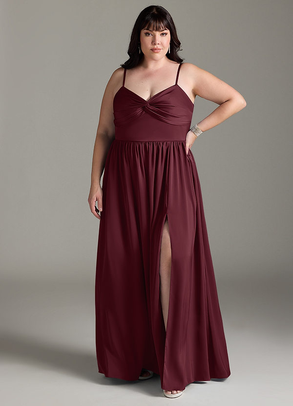 Azazie Zeya Vestidos de dama de honor Vestido Cabernet de Satén Elástico de Línea A con Plisado image1
