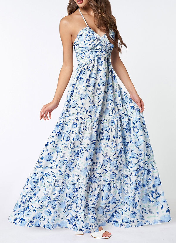 front Homewood Azul Vestido largo con cuello halter y estampado floral
