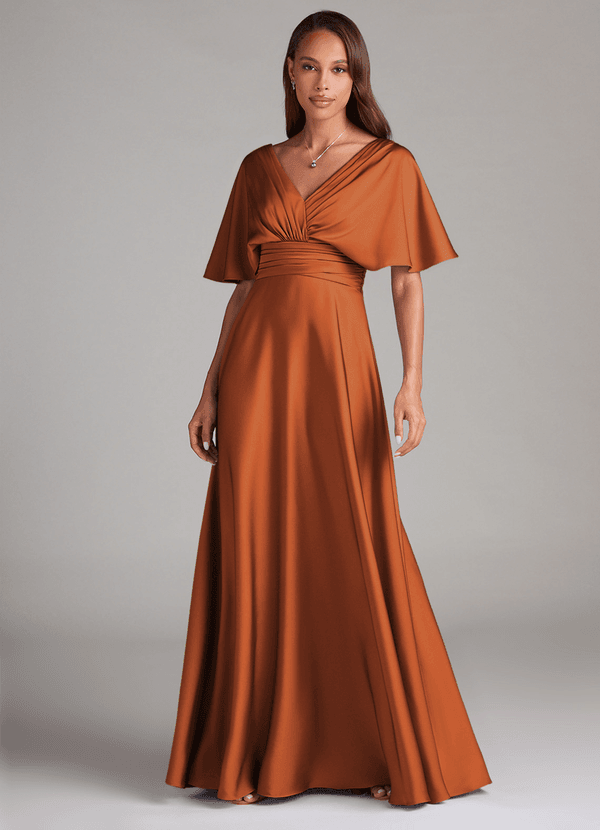 Azazie Pamela Robes Demoiselle d'honneur Robe Trapèze en Satin extensible Plissée Cannelle image1